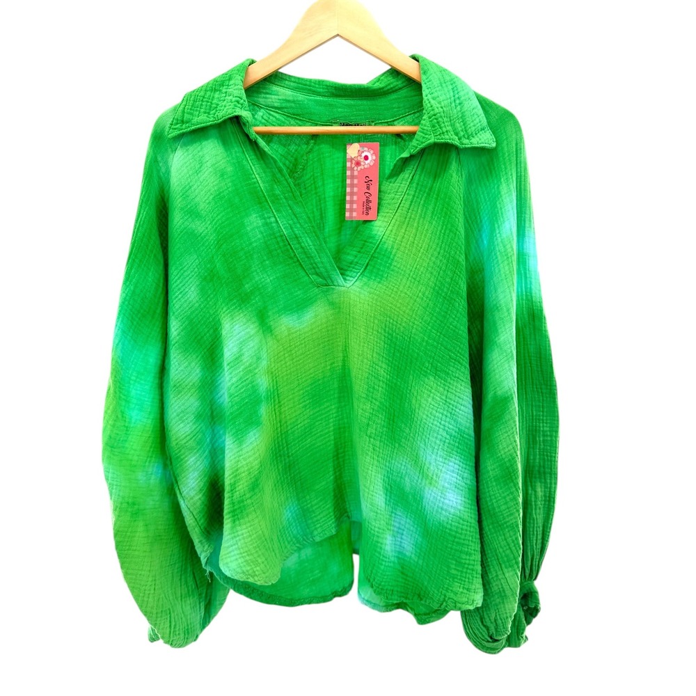 Meo Meli Made in Italy Green Tie Dye Cotton Gauze Balloon Sleeve Blouse Top NEW‎